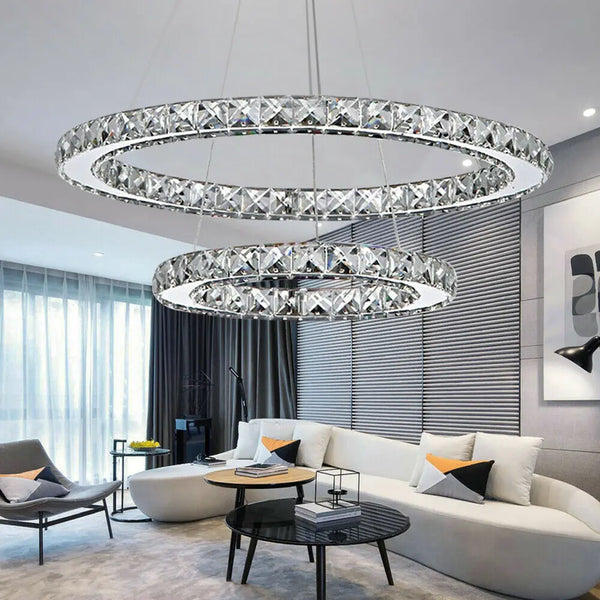 Double Ring Crystal Pendant-Light LED Adjustable Design Chandelier Fin and Furn