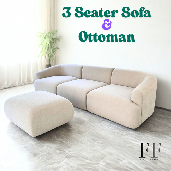 ModLux modular sofa configured as a 3 seater and ottoman in beige performance fabric